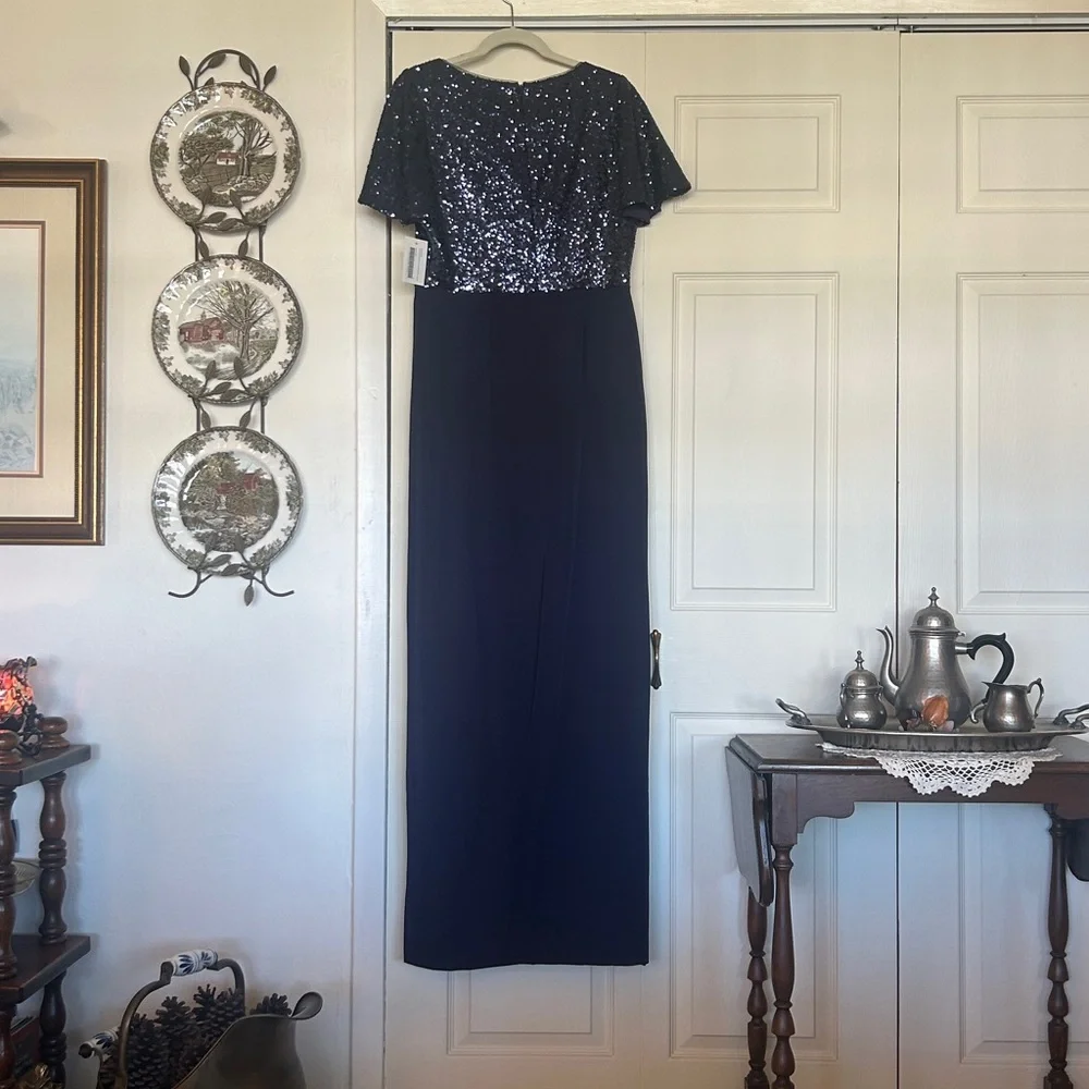 Rene Ruiz Deep blueberry Sequin V-Neck Maxi formal Dress with Flutter Sleeves - Picture 3 of 7